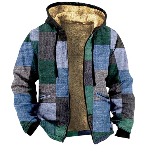 Rosennie Herren Kariertes Druck Vintage Winterjacke Warme Sweatjacke Mit Kapuze Dicken Fleece Jacke Kapuzenjacke Mit Reißverschluss Oversized Hoodie Basic Übergangsjacke Outdoor Jacke von Rosennie