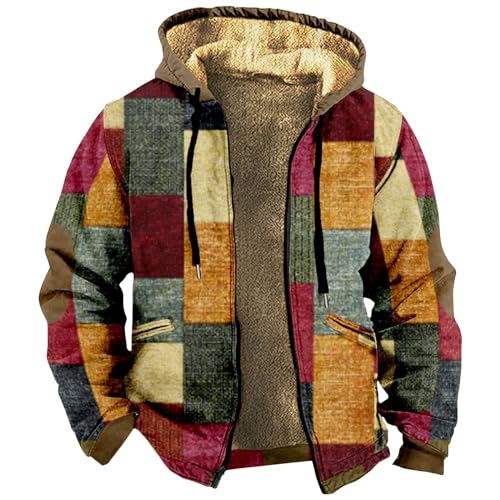 Gefütterte Jacke Herren Kariertes Druck Vintage Winterjacke Warme Sweatjacke Mit Kapuze Dicken Fleece Jacke Kapuzenjacke Mit Reißverschluss Oversized Hoodie Basic Übergangsjacke Outdoor Jacke von Rosennie