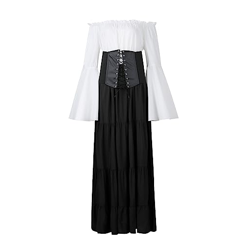 Halloween Kostüm Damen Abendkleider Lang Sommerkleid Weißes Tube Top Trompetenärmel Gothic Kleid Kordelzug Halloween Kleider Wikinger Kleid Renaissance Kleider Cocktailkleid Damen (Schwarz, M) von Rosennie