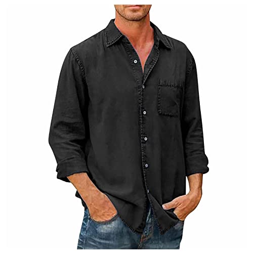 Henley Shirt Herren Langarm Herren Hemd Grün Grüne Poloshirts Revers Einfarbiges Knopfleiste Freizeithemd Mit Brusttasche Langarm Hemd Baumwoll Leinen T Shirt Longshirt Herren (Schwarz 4XL) von Rosennie