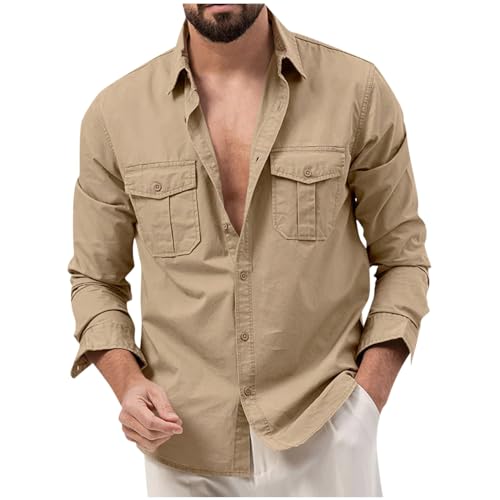 Herren Hemd Langarm Rollkragenshirt Herren Tshirt Herren V Ausschnitt Revers Einfarbig Hemdjacke Mit Brusttasche Knopfleiste Arbeitshemd Locker Freizeithemden Polohemd Herren (Khaki, L) von Rosennie