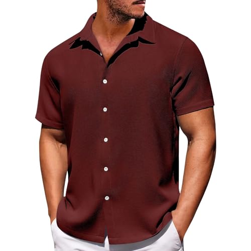 Herren Hemd Langarm Rüschenhemd Herren Nachthemd Fasching Revers Einfarbig Waffel Sommer T Shirt Große Größen Knopfleiste Kurzarm Strandhemd Longshirt (Rot, 8XL) von Rosennie