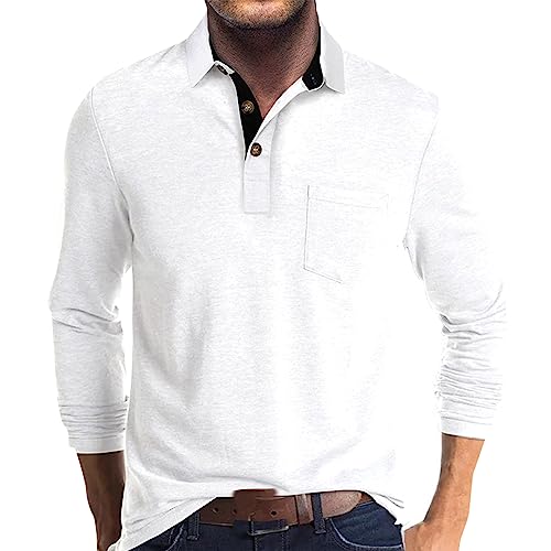 Herren Shirt Langarm Langarmshirts Für Herren Herren Poloshirt Halbe Knopfleiste Einfarbig Henley Shirt Langarm Regular Fit Sommer T Shirts Mit Brusttasche Slim Fit Golf Shirt Weißes Shirt (Weiß, XL) von Rosennie