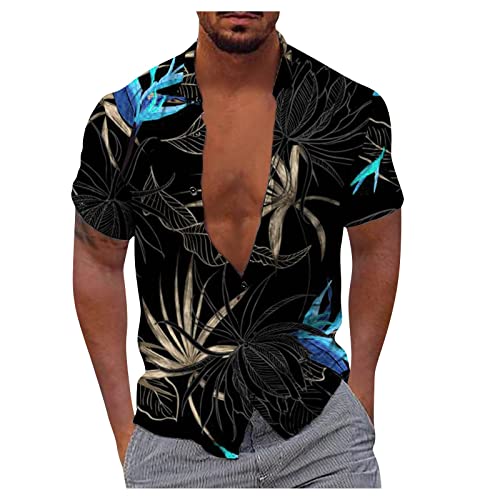 Herren T-Shirt Extra Lang Herren Hemd Kurzarm Herren T-Shirt Stehkragen Knopfleiste Musterdruck Hawaii Hemd Kurzarm Klassischer Passform Sommerhemd Basic Strandhemd Cowboy Hemd (Blau, XL) von Rosennie