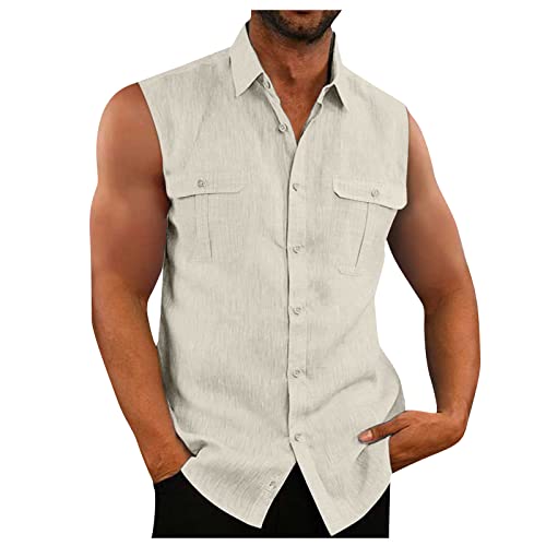Rosennie Herren T Shirt Hemd Kariert Herren Sport Herren Revers Einfarbiges Knopfleiste Tank Top Ärmellos Baumwoll Leinen Sommerhemd Mit Brusttasche Basic T Shirt Laufshirt Herren (Beige 3XL) von Rosennie