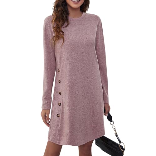 Hippie Kleidung Damen Kleider Elegant Damen-Kleider Rundhals Einfarbiges Blusenkleid Langarm Locker Sweatkleid Pulloverkleid Mit Knopfleiste Lose Freizeitkleid Schwarze Kleider (Rosa, L) von Rosennie