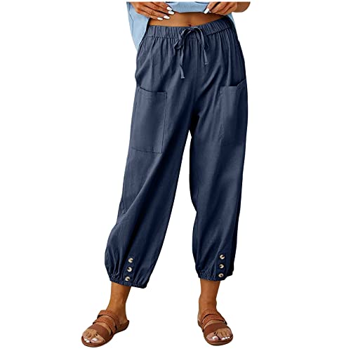 Hose Damen Stretch Damenhose Mit Gummizug Leinenhose Damen Sommer Einfarbiges High Waist Schlupfhose Mit Taschen Kordelzug Elastische Taille 3/4 Hose Locker Palazzo Hose Palazzo Hose (Marine, XL) von Rosennie