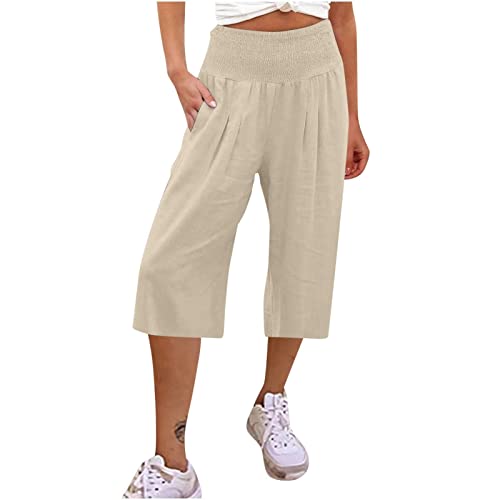 Hose Weites Bein Damen Kurze Hosen Damen Hosen Damen Stretch Einfarbig High Waist Palazzo Hose Mit Taschen Locker Bauchweg Hose 3/4 Hosen Sommerhosen Yogahose Damen (Khaki, XL) von Rosennie