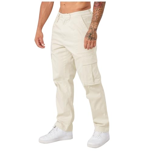 Jogginghose Lederhose Herren Kurz Miederhose Einfarbiges Stretch Jogginghose Mit Taschen Elastische Taille Freizeithose Loose Fit Arbeitshosen Golfhose Herren (Beige, L) von Rosennie