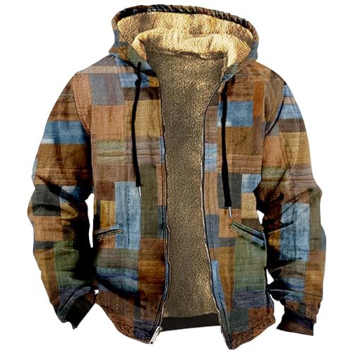 Kapuzenjacke Regenjacke Fahrrad Herren Herren Mantel Kurz Winter Parka Jacke Herren Vintage Patchwork Kariertes Druck Holzfäller Jacke Mit Reißverschluss Warm Sweatjacke Mit Kapuze (Light Brown, L) von Rosennie