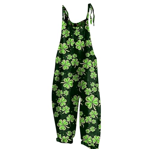 Latzhosen Für Damen Einteiler Schwarz Damen Eng Latzhose Rot Damen Kleeblatt Druck St Patricks Day Kostüm Spaghetti Jumpsuit Wide Leg Playsuit Rückenfrei Romper Steampunk Damen (Schwarz, 3Xl) von Rosennie