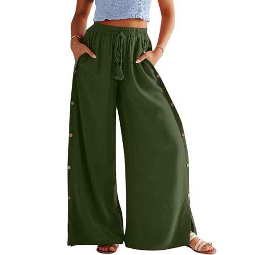 Leinenhose Damen Einfarbiges Baumwoll Leinen Palazzo Hose Knopfleiste Reha Hose Elastische Taille 7/8 Hosen Leicht Sommerhose Stretch Freizeithose Mit Schlitz High Waist Haremshose von Rosennie