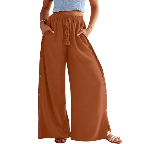 Leinenhose Damen Einfarbiges Baumwoll Leinen Palazzo Hose Knopfleiste Reha Hose Elastische Taille 7/8 Hosen Leicht Sommerhose Stretch Freizeithose Mit Schlitz High Waist Haremshose von Rosennie