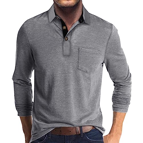 Long Sleeves Shirt Herren Jeans Hemden Für Herren Poloshirt Herren Halbe Knopfleiste Einfarbig Henley Shirt Langarm Regular Fit Sommer T Shirts Mit Brusttasche Golf Shirt Shirt Herren Light Gray L von Rosennie