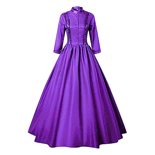 Mittelalter Kostüm Damen Damen-Kleider Kleider Damen Stehkragen Einfarbiges Gothic Kleid A Linien Plissiertes Renaissance Kleider Steampunk Kleider Lang Kleid Kurz (Lila, M) von Rosennie