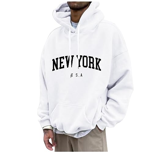 Oversized Hoodie Herren Fleece Pullover Herren Kaputzensweatjacke Männer New York Druck Lustige Pullover Loose Fit Y2K Hoodie Baggy Herbst Hip Pop Streetwear Hoodie Polovers Herren (Weiß XXL) von Rosennie