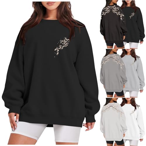 Oversized Pullover Damen Sweatshirt mit Aufdruck Elegant Blumen Bedruckt Langarm Pulli Leichte Long Pullover für Frauen Festliche Oberteile Musselin Bluse Aesthetic Longshirt Locker Outdoor Tops von Rosennie