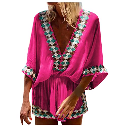 Playsuit Damen Sommer Sommer Jumpsuit Damen Jumpsuit Damen Kurz Eng V-Ausschnitt Retro Ethnic Druck 3/4 Ärmel Jumpsuit A Linien Boho Jumpsuit Retro Hawaii Jumpsuit Jogginghose Damen Hot Pink Xl von Rosennie