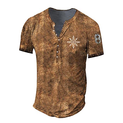 Replay T-Shirt Herren Cowboy Hemd Herren Hemd Weiß V-Ausschnitt Knopfleiste Totenkopf Druck Henley Shirt Kurzarm Klassischer Passform Tactical Shirts Herren Hemd (Braun, XXL) von Rosennie