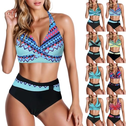 Rosennie Damen Bikini Set Zweiteiliger Badeanzug Neckholder tief v Ausschnitt Bikini Bademode Bauchkontrolle High Waist Bikini Sets Swimsuit Push Up Strandbikini Triangel Breites Swimsuit von Rosennie