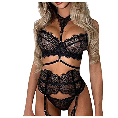 Rosennie Damen Dessous Set Unterwäsche Riemen Spitze Häkeln Ausschnitt Dessous Stickerei Gaze Erotische Bra und Slip + Strumpfhalter für Frauen Sexy Lingerie Babydoll Reizwäsche von Rosennie