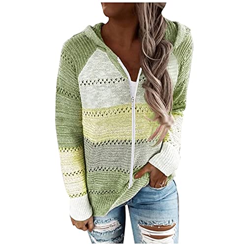 Rosennie Damen Farbblock Hoodie Reißverschluss Strickjacke Kapuzenpullover für Frauen Langarm Strickpullover Sweatjacke Mode Gestreift Sweatshirt Oversize Hoodie Cardigan Pulli Übergangsjacke von Rosennie