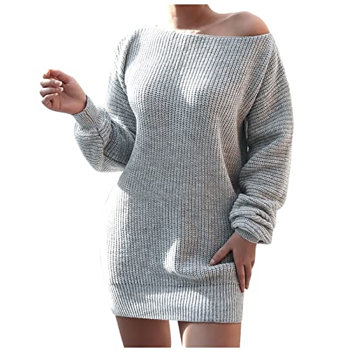 Rosennie Damen Pullover Strickkleider Sexy Schulterfrei Langarm Strickkleid Damenmode Casual Einfarbig Lose Pulli Winterkleid Minikleid Stretch Pulloverkleid Frauen Midi Knielanges Langarmkleid von Rosennie