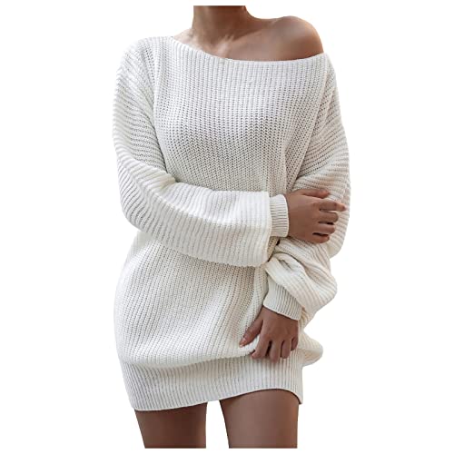 Rosennie Damen Pullover Strickkleider Sexy Schulterfrei Langarm Strickkleid Damenmode Casual Einfarbig Lose Pulli Winterkleid Minikleid Stretch Pulloverkleid Frauen Midi Knielanges Langarmkleid von Rosennie