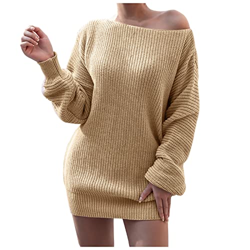 Rosennie Damen Pullover Strickkleider Sexy Schulterfrei Langarm Strickkleid Damenmode Casual Einfarbig Lose Pulli Winterkleid Minikleid Stretch Pulloverkleid Frauen Midi Knielanges Langarmkleid von Rosennie