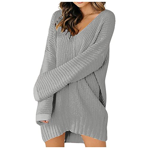 Rosennie Damen Pullover Strickkleider Sexy Schulterfrei Langarm Strickkleid Damenmode Casual Einfarbig Lose Pulli Winterkleid Minikleid Stretch Pulloverkleid Frauen Midi Knielanges Langarmkleid von Rosennie