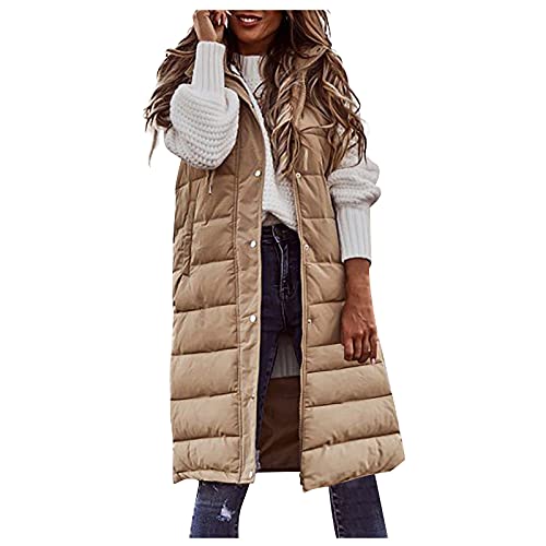 Rosennie Daunenweste Damen Lang Wintermantel Vest Warm Plus Size Einfarbig Mit Kapuze Weste Mantel Jacke Ärmellose Übergroße Daunenmantel Taschen Steppweste Für Damen Winddichte Cardigan Coat von Rosennie