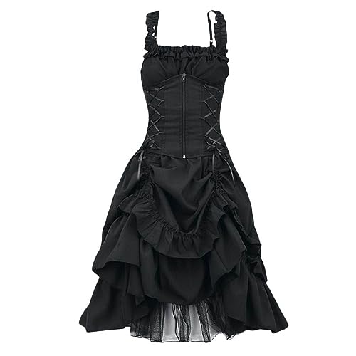 Rosennie Dirndl Damen Kurz Sexy Leopardenmuster Hemdkleid Damen Spaghetti Halloween Schwarzes Kleid Mit Reißverschluss Plissiertes Cosplay Kostüm Steampunk Kleid Kleider Elegant (Schwarz, XXL) von Rosennie