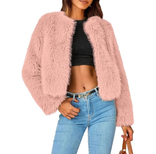 Rosennie Fleecejacke Damen Einfarbig Plüsch Cardigan Offener Vorderseite Kunstfell Cardigan Kurz Cropped Jacke Streetwear Y2K Jacke Flauschig Teddy Fleece Jacke Für Frauen von Rosennie