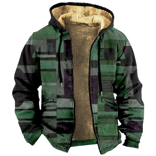 Rosennie Fleecejacke Herren Kariertes Druck Vintage Winterjacke Warme Sweatjacke Mit Kapuze Dicken Gefütterte Jacke Kapuzenjacke Mit Reißverschluss Oversized Hoodie Basic Übergangsjacke Outdoor Jacke von Rosennie