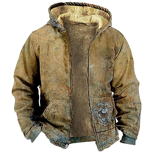 Rosennie Gefütterte Jacke Herren Retro Einfarbiges Dick Kapuzenjacke mit Reißverschluss Sweatjacke Mit Kapuze Warme Fleecejacke Winterjacke Basic Holzfäller Jacke Gefüttert Militär Jacke für Männer von Rosennie