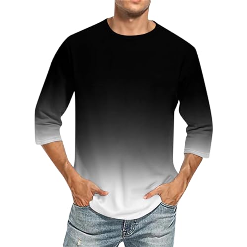Rosennie Hemd Herren Langarm Trachtenhemd Herren Tshirt Männer Shirt 3/4 Arm Herren Rundhals 3D Druck Dreiviertelarm Shirt Sommer Henley Shirt Für Männer Longshirt (Schwarz, L) von Rosennie