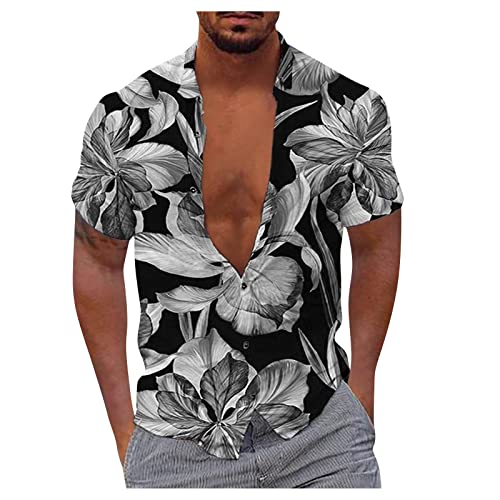 Rosennie Herren Tshirt Set Hemd Ohne Kragen Herren Cowboy Hemd Stehkragen Knopfleiste Musterdruck Hawaii Hemd Kurzarm Klassischer Passform Sommerhemd Basic Strandhemd Funktionsshirt (Grau, XXL) von Rosennie