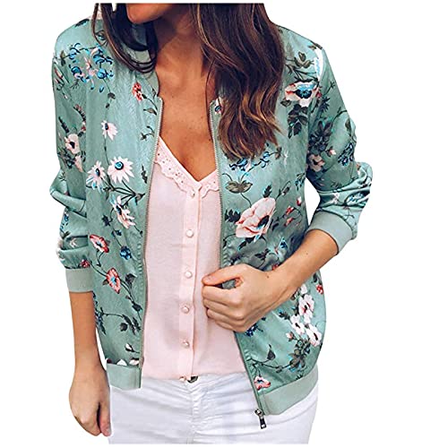 Rosennie Jacke Damen Frühling Herbst Langram Casual Jacke Mode Blumenmuster Bomberjacke Damen Winter Sale Kurz Jacke Reißverschluss Stehkragen Outwear von Rosennie