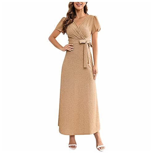 Rosennie Mittelalter Kleidung Damen Kleid Schwarz Paillettenkleid V-Ausschnitt Einfarbiges Paillettenkleid Kurzarm Abendkleid Lang Abschlussballkleid Mit Schlitz Damen Kleider (Gold, M) von Rosennie