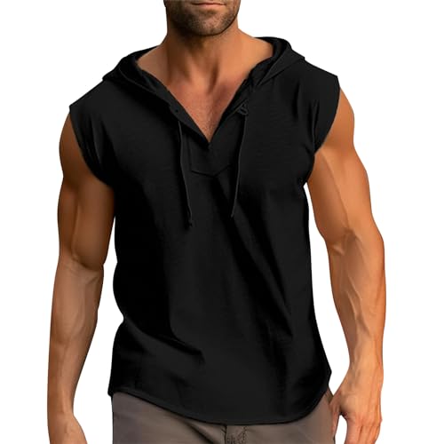 Rosennie Poloshirts Für Herren Dirndlbluse Langarm Unterhemd Herren Lang V-Ausschnitt Einfarbiges Ärmellos Hoodie Kordelzug Trägershirt Mit Kapuze Y2K Top (Schwarz, S) von Rosennie
