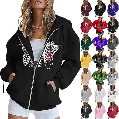 Rosennie Sweatshirtjacke Damen Y2K Zip Up Hoodie Skeleton Hoodie mit Taschen Sweatjacke mit Kapuze Halloween Pullover Leicht übergangsjacke Oversized Sweatshirt kuschel Kapuzenpullover Kapuzenjacke von Rosennie