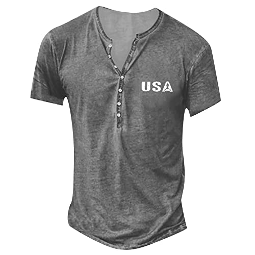 Slim Fit T-Shirt Herren Kariertes Hemd Herren T Shirt V-Ausschnitt Knopfleiste Totenkopf Druck Henley Shirt Kurzarm Klassischer Passform Tactical Shirts Sport Herren (Grau, XL) von Rosennie