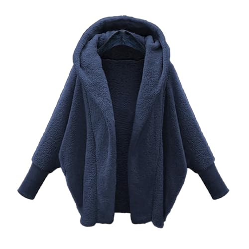 Steppjacke Damen Übergangsjacke Regenmantel Damen Lang Herbst Jacke Damen Einfarbiges Offener Vorderseite Teddy Fleece Jacke Oversized Sweatjacke mit Kapuze Hoodie Oversize (Marine, S) von Rosennie