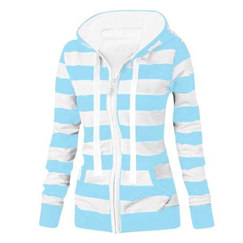 Sweatjacke Damen Oversize Streifen Pullover Sweatshirt Jacke Mit Kapuze Sportjacke Damen Zipper Hoodie Kapuzenjacke Langarm Sweatshirt Sport Casual Kapuzenpullover Mit Reißverschluss Light Blue XL von Rosennie
