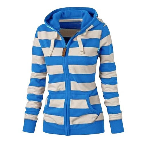 Sweatjacke Damen Oversize Streifen Pullover Sweatshirt Jacke Mit Kapuze Sportjacke Damen Zipper Hoodie Kapuzenjacke Langarm Sweatshirt Sport Style Casual Kapuzenpullover Mit Reißverschluss Sky Blue L von Rosennie