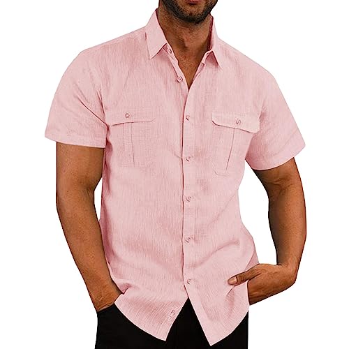 T Shirt Herren 4XL Herrenhemden Langarm Reverskragen Einfarbiges Knopfleiste Sommerhemd Kurzarm Locker Henley Hemd Mit Brusttasche Herren Polohemd (Rosa, 4XL) von Rosennie