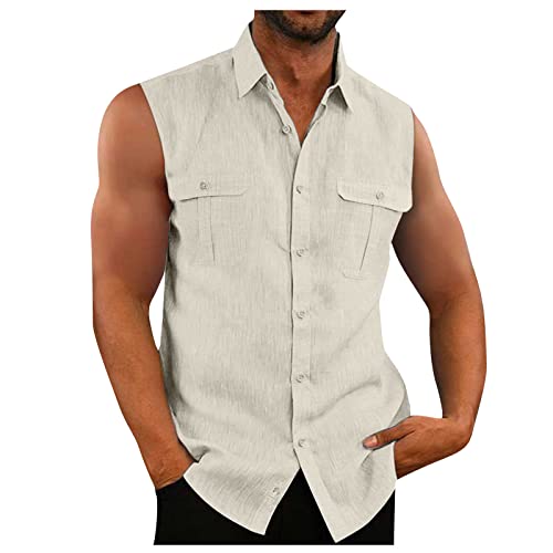 T-Shirt Herren Compression Shirt Haiwaii Hemd Revers Gestreifter Druck Sommerhemd Mit Brusttasche Knopfleiste Ärmellos Henley Shirt Tank Top Shirt Herren (Beige-M) von Rosennie