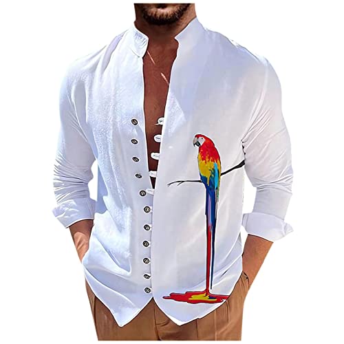 T Shirt Herren Lang Hemd Herren Langarm Regular Fit Poloshirt Schwarz Stehkragen Papagei Druck Knopfleiste Hemd Langarm Loose Fit Sommerhemd Baumwoll Leinen Henley Shirt Weißes Shirt (Weiß, M) von Rosennie