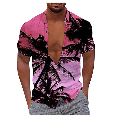 T-Shirt Herren Schwarz Langarmshirts Für Herren Hemd Weiß Stehkragen Knopfleiste Musterdruck Hawaii Hemd Kurzarm Klassischer Passform Sommerhemd Basic Strandhemd Herren Hemd (Rosa- XL) von Rosennie