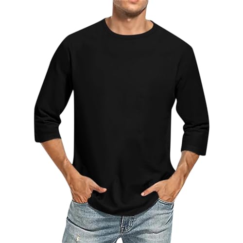 T-Shirts Für Herren Schwarzes Hemd Herren Hemd Schwarz Herren Rundhals Einfarbiges 3/4 Arm Shirt Basic T Shirt Männer Dreiviertelarm Shirt Herren T Shirt (Schwarz, L) von Rosennie